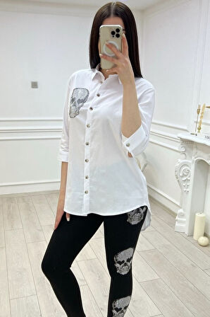 Kurukafa Crystal Taşlı Arkası Uzun Pamuklu Likralı Beyaz Kadın Gömlek