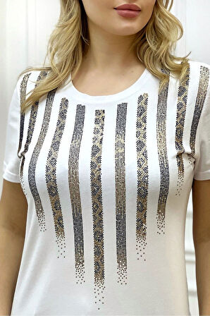 Leopar Crystal Taşlı Kısa Kol Bisiklet Yaka Büyük Beden Plus Size Pamuk Beyaz Kadın T-shirt