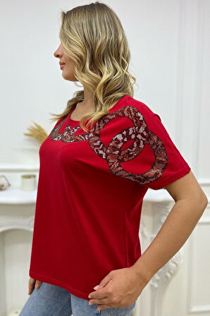 Bol Kalıp Leopar Crystal Taşlı Büyük Beden Kırmızı Şık Rahat Kadın T-shirt