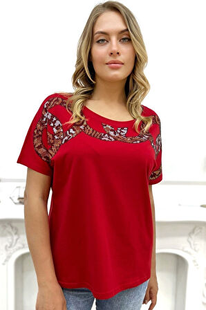 Bol Kalıp Leopar Crystal Taşlı Büyük Beden Kırmızı Şık Rahat Kadın T-shirt