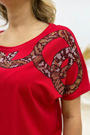 Bol Kalıp Leopar Crystal Taşlı Büyük Beden Kırmızı Şık Rahat Kadın T-shirt