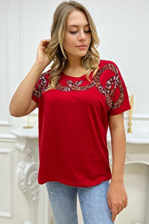 Bol Kalıp Leopar Crystal Taşlı Büyük Beden Kırmızı Şık Rahat Kadın T-shirt