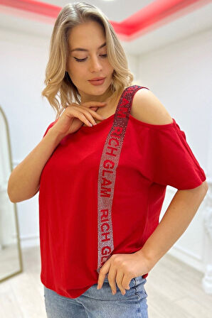 Bol Kesim Büyük Beden Tek Omzu Açık Crystal Taşlı Kadın Kısa Kol Pamuk Beyaz T-shirt