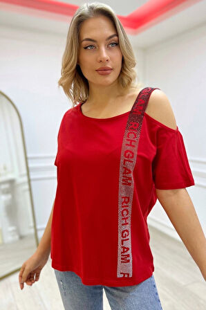 Bol Kesim Büyük Beden Tek Omzu Açık Crystal Taşlı Kadın Kısa Kol Pamuk Beyaz T-shirt