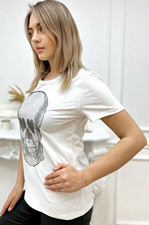 Kurukafa Crystal Taşlı Siyah Büyük Beden Pamuk Kadın T-shirt