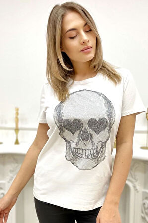 Kurukafa Crystal Taşlı Siyah Büyük Beden Pamuk Kadın T-shirt