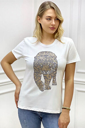 Kaplan Crystal Taşlı Büyük Beden Bisiklet Yaka Siyah Pamuk Kadın T-shirt