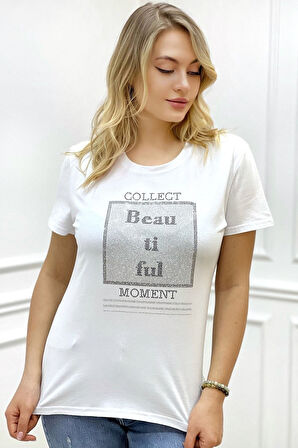 Büyük Beden Bisiklet Yaka Beautiful Yazılı Crystal Taşlı Siyah Şık Pamuklu Kısa Kol Kadın T-shirt