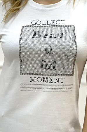 Büyük Beden Bisiklet Yaka Beautiful Yazılı Crystal Taşlı Siyah Şık Pamuklu Kısa Kol Kadın T-shirt