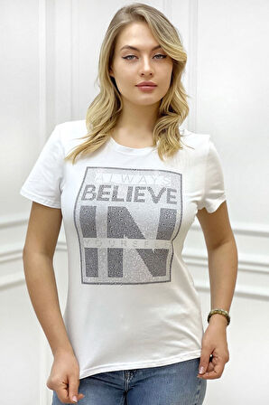 Yazılı Crystal Taş Baskılı Büyük Beden Bisiklet Yaka Kısa Kollu Pamuk Rahat Şık Beyaz Kadın T-shirt