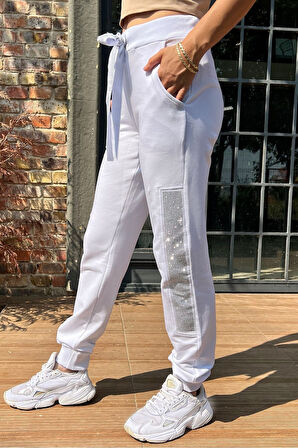 Crystal Taşlı Yüksek Belli Lastik Paçalı İki İplik Premium Pamuk Kadın Şık Rahat Eşofman Altı