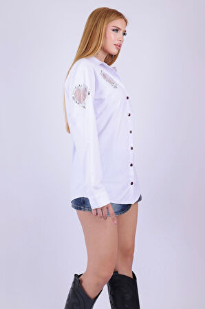 Kalp Crystal Taşlı Lazer Keim Pamuklu Likralı Şık Kadın Gömlek