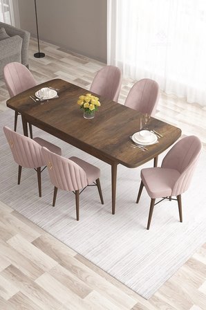 Roz Serisi,80x132 Mdf Açılabilir Barok Ahşap Desen Mutfak Masası 6 Pembe Sandalye Gold Halkalı