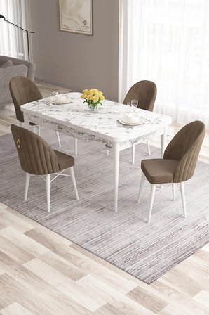 Roz Serisi 80x132 Mdf Beyaz Mermer Desen Masa Takımı Ve 4 Adet Kahverengi Sandalye