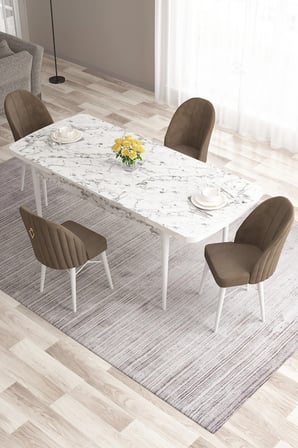 Roz Serisi 80x132 Mdf Beyaz Mermer Desen Masa Takımı Ve 4 Adet Kahverengi Sandalye