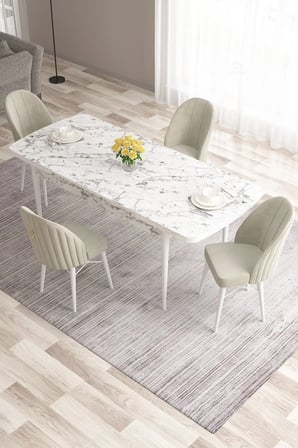 Roz Serisi,80x132 Mdf Açılabilir Beyaz Mermer Desen Mutfak Masası 4 Krem Sandalye Gold Halkalı