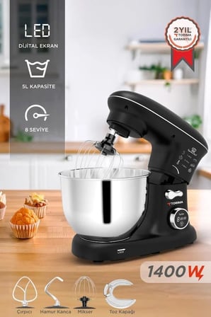 Mutfak Seti Sunum Aleti Stand Mikser Hamur Yoğurma Makinesi TMK-1400DT Siyah 5L 1400W
