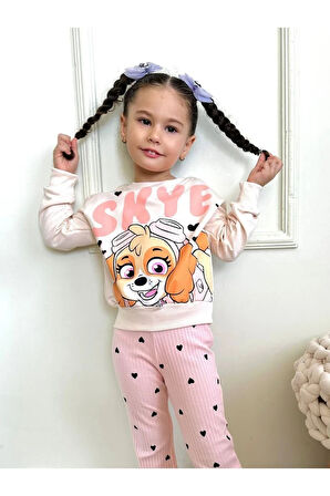 PJK2İ Paw Petrol Desenli Pudra Fitilli Taytlı 2 İp %100 Pamuk Kız Çocuk Takımı 3-10 Yaş 7214-PU