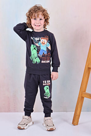PJK2İ Minec Desenli 2 İp %100 Pamuk Erkek Çocuk Eşofman Takımı 3-10 Yaş 8165