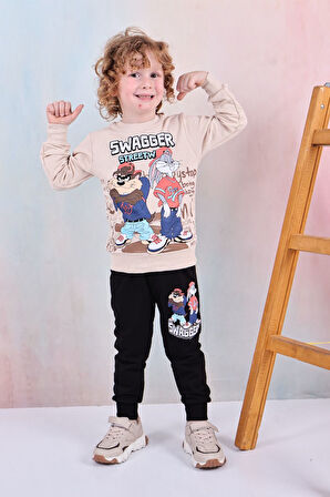 PJK2İ Tazmanya Canavarı Desenli 2 İp %100 Pamuk Erkek Çocuk Eşofman Takımı 3-10 Yaş 8184