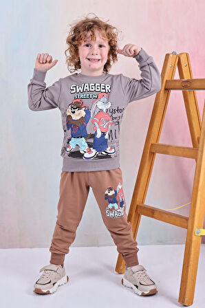 PJK2İ Tazmanya Canavarı Desenli 2 İp %100 Pamuk Erkek Çocuk Eşofman Takımı 3-10 Yaş 8184