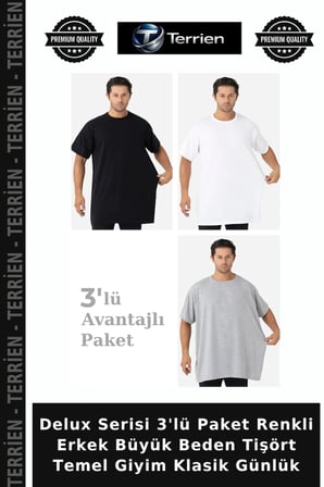 Delux Serisi 3'lü Paket Renkli Erkek Büyük Beden Tişört Temel Giyim Klasik Günlük