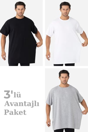 Delux Serisi 3'lü Paket Renkli Erkek Büyük Beden Tişört Temel Giyim Klasik Günlük