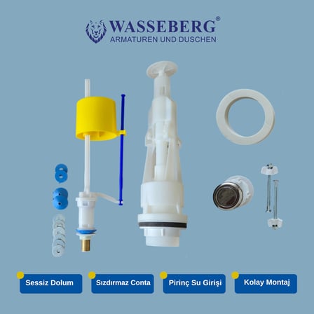 Wasseberg Rezervuar İç Takımı Tam Set – Şamandıralı Dolum ve Boşaltma Mekanizması, Pirinç Su Giriş Bağlantılı, Sızdırmaz Conta ve Montaj Aparatları