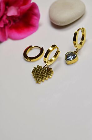 Gold Kalp Çelik Üçlü Küpe Seti