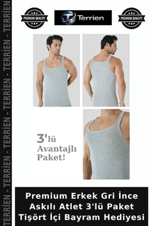 Premium Erkek Gri İnce Askılı Atlet 3'lü Paket Tişört İçi Bayram Hediyesi