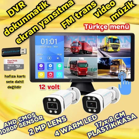 2 ADET AHD 2MP WARM LEDLİ KAMERA DVR DOKUNMATİK 10.36 İNÇ MONİTÖR  12 VOLT 256 GB