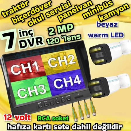 TARIM ARAÇLARINA ÖZEL 2 ADET AHD 2 MP WARM LEDLİ KAMERA 7 İNÇ QLED IPS  256 GB DVR MONİTÖR  12 VOLT
