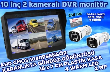 2 ADET AHD 2  MP BEYAZ WARM LEDLİ KAMERA  10'' QLED 6 KANALLI MONİTÖR SETİ  12 V 256 GB