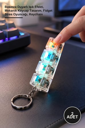 2 Adet Işıklı Klavye Tuşu Switch Anahtarlık – Basınca Duyarlı Işık Efekti, Mekanik Keycap Tasarım, Fidget Stres Oyuncağı, Keychain