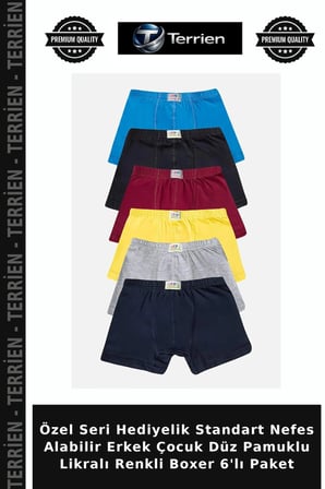 Özel Seri Hediyelik Standart Nefes Alabilir Erkek Çocuk Düz Pamuklu Likralı Renkli Boxer 6'lı Paket