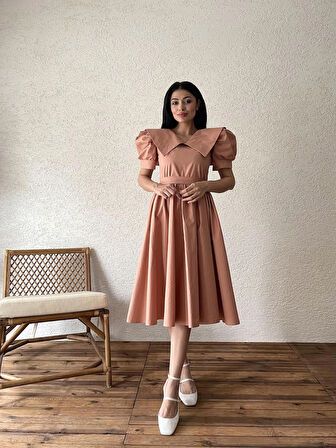 Somon Büyük Yakalı Kloş Poplin Elbise