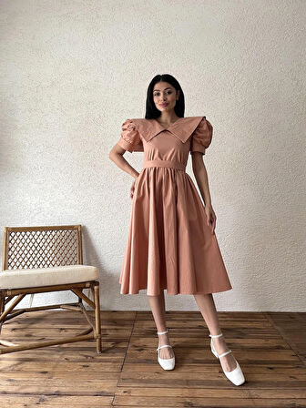 Somon Büyük Yakalı Kloş Poplin Elbise