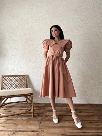 Somon Büyük Yakalı Kloş Poplin Elbise