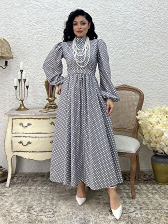 Tesettür Gri Puantiyeli Uzun Kloş Elbise