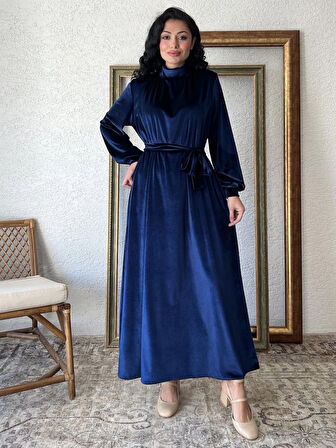 Lacivert Uzun Kadife Elbise