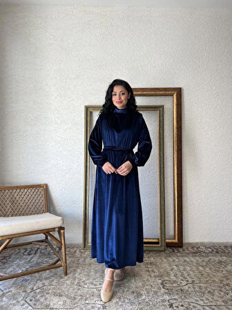 Lacivert Uzun Kadife Elbise