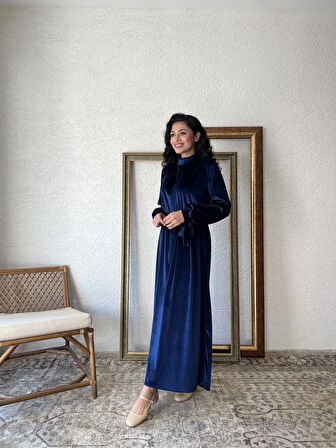 Lacivert Uzun Kadife Elbise