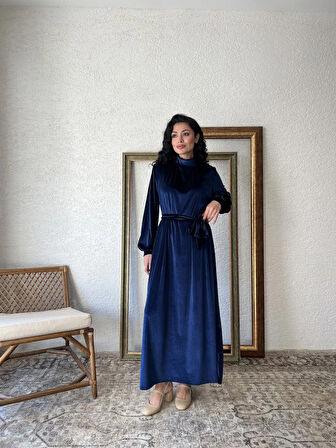 Lacivert Uzun Kadife Elbise