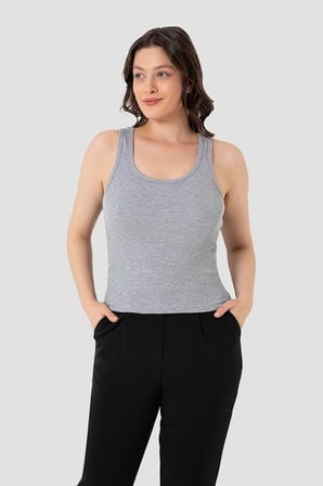 Premium Kadın Fitilli Görünümlü Kalın Askılı Basic Gri Atlet Casual Stil Spor Giyim Rahat Bluz