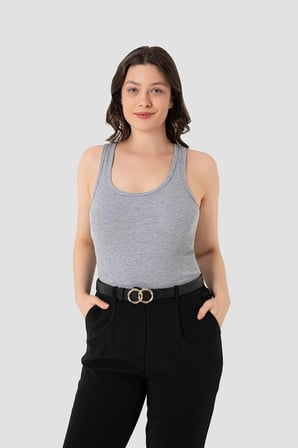 Premium Kadın Fitilli Görünümlü Kalın Askılı Basic Gri Atlet Casual Stil Spor Giyim Rahat Bluz