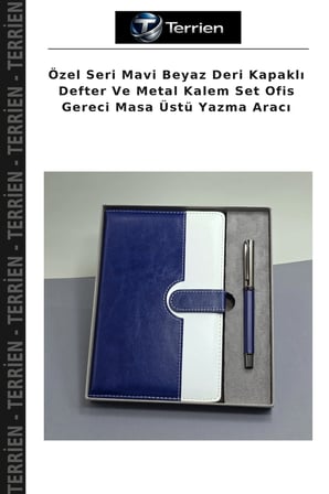 Özel Seri Mavi Beyaz Deri Kapaklı Defter Ve Metal Kalem Set Ofis Gereci Masa Üstü Yazma Aracı