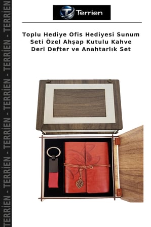 Toplu Hediye Ofis Hediyesi Sunum Seti Özel Ahşap Kutulu Kahve Deri Defter ve Anahtarlık Set
