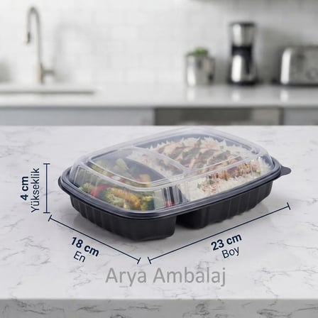 Eltron 2 Bölmeli Mikrodalga Uyumlu Sızdırmaz Yemek Kabı - 50 Adetli, Siyah Taban Şeffaf Kapak