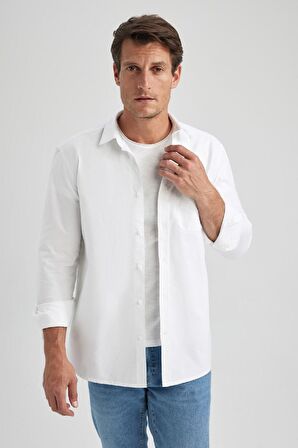 DeFacto Regular Fit Polo Yaka Oxford Basic Düz Uzun Kollu Beyaz Gömlek A8028AX23AUWT34