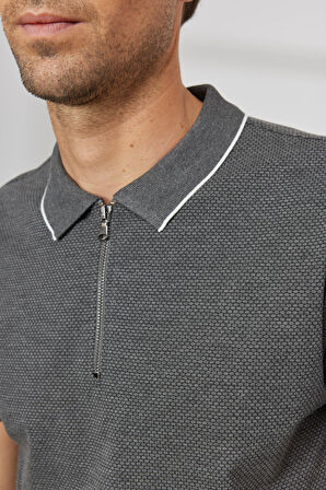 Erkek Antrasit Slim Fit Dar Kesim Polo Yaka Jakarlı Tişört
